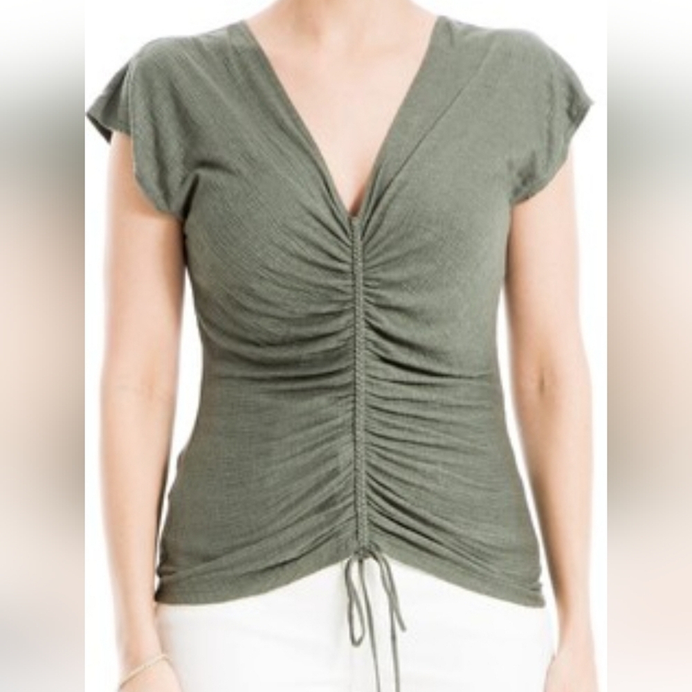 Max Studio Olive Green Ruched V-Neck Tank